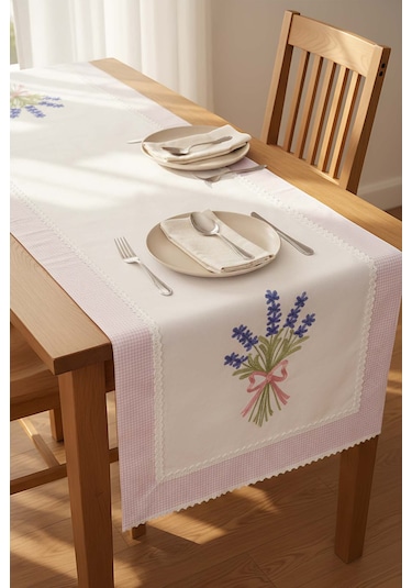 Lavanta İşlemeli Buldan Kumaş Runner 50x130 Cm Krem