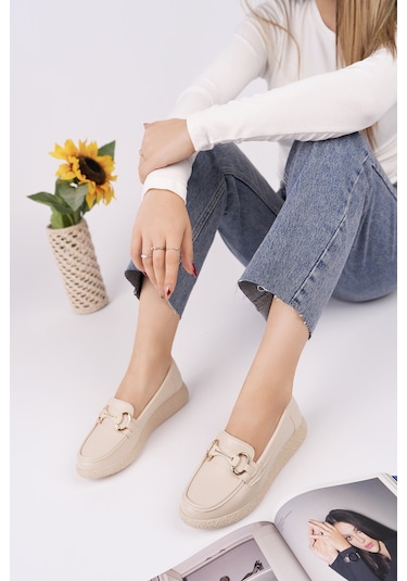 Muggo Polara Kalın Taban Toka Detaylı Kadın Günlük Loafer Ayakkabı Ten Cilt