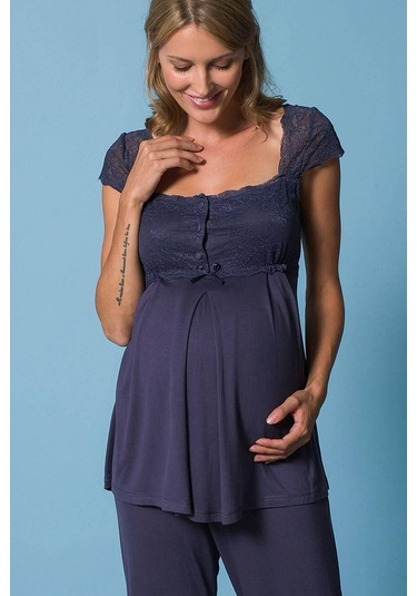 Monamise 18211 Hamile Lohusa Sabahlıklı Pijama Takım - Lacivert