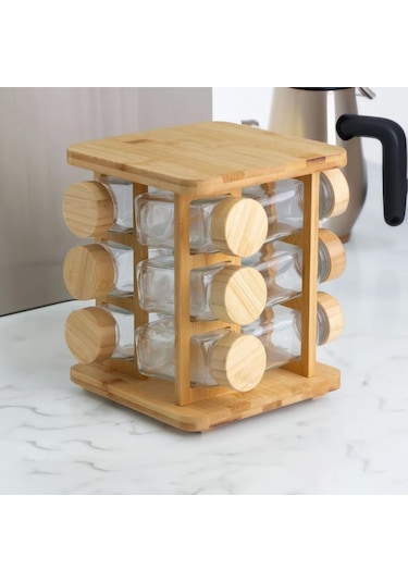 Mien Dayanıklı 12'li Bambu Kapaklı Ve Döner Standlı Kare Borosilikat Cam Baharatlık Seti 13 Parça Ahşap