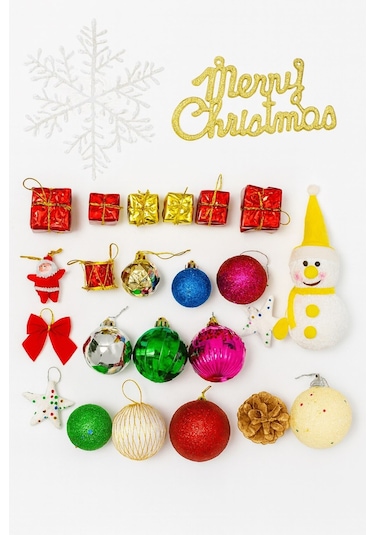 Yılbaşı Yeni Yıl Çam Ağaç Süsü 25 Parça Merry Christmas Yazılı Noel Dekoru Renkli Çam Ağacı Süsleri Çok Renkli