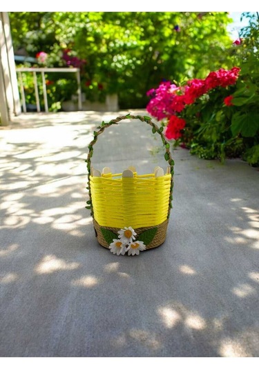 El Yapımı Çok Amaçlı Hasır Sepet Banyo Makyaj Kutusu Takı Organizer Komodin Sarı