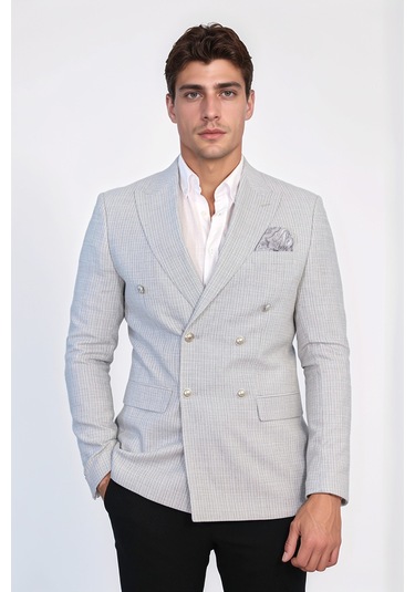 Desenli Kruvaze Tek Ceket Gri