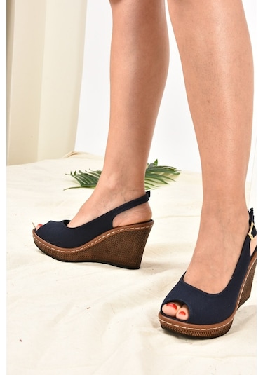 Fox Shoes Lacivert Keten Dolgu Topuklu Kadın Ayakkabı K674040705