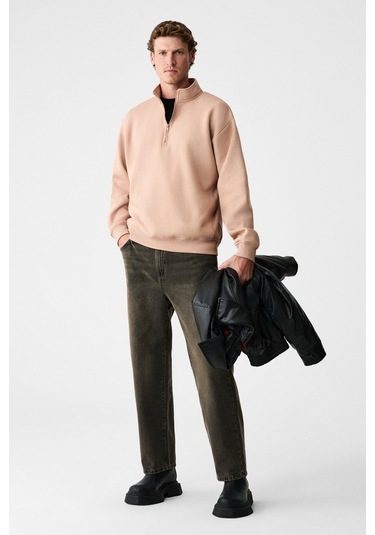 Grimelange Baxter Erkek Dik Yakalı Fermuarlı Relaxed Vizon Sweatshirt Vizon