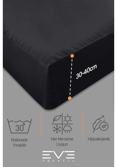 Eve Tekstil Fitted Yüksek Kaliteli Penye Kumaş Tek Kişilik Lastikli Çarşaf Siyah