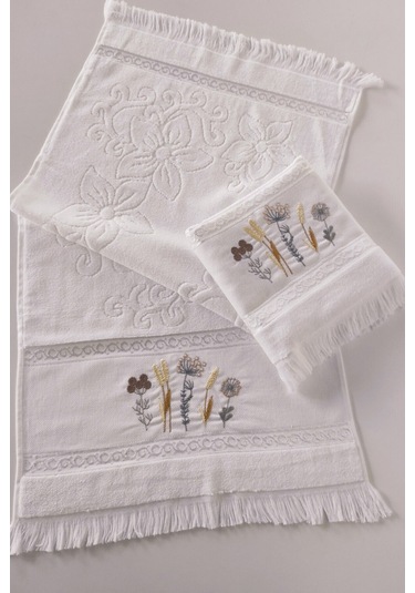 2'li Nakışlı Jakarlı Kadife El Yüz Havlusu - %100 Pamuk - Beyaz Beyaz Beyaz