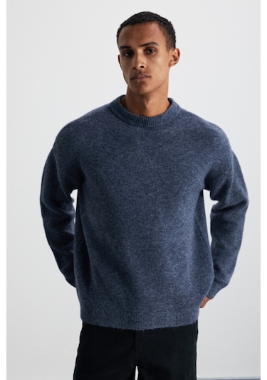 Tromso Erkek Relaxed Fit Bisiklet Yaka Sıcak Tutan Triko Indigo Kazak