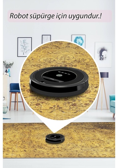 Blues Vintage Desenli Dokuma Taban Dekoratif Sarı Halı (Al 24)