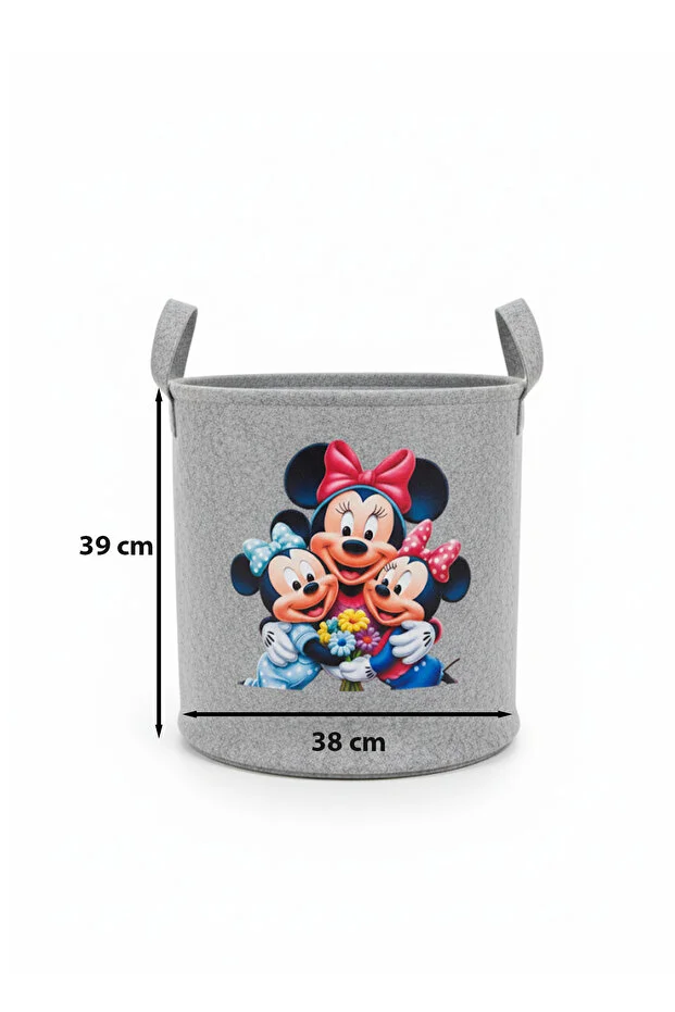Keçe Oyuncak Sepeti Çizgi Film Desenli, Katlanabilir Kulplu, Çocuk Odası Düzenleyici 38x39 Açık Gri