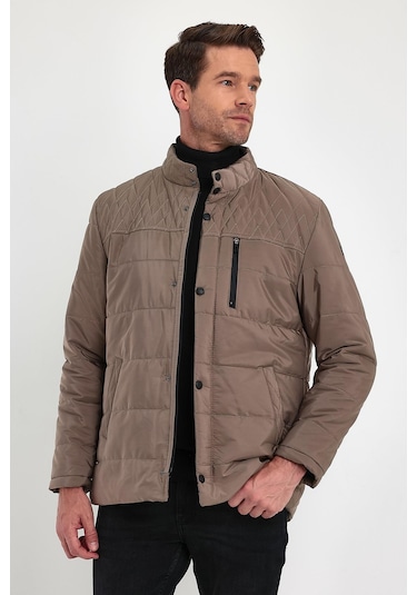 Erkek Krem Standart Fit Normal Kesim Içi Kürklü Dik Yaka Çıtçıt Detaylı Fermuarlı Kışlık Mont-Krem