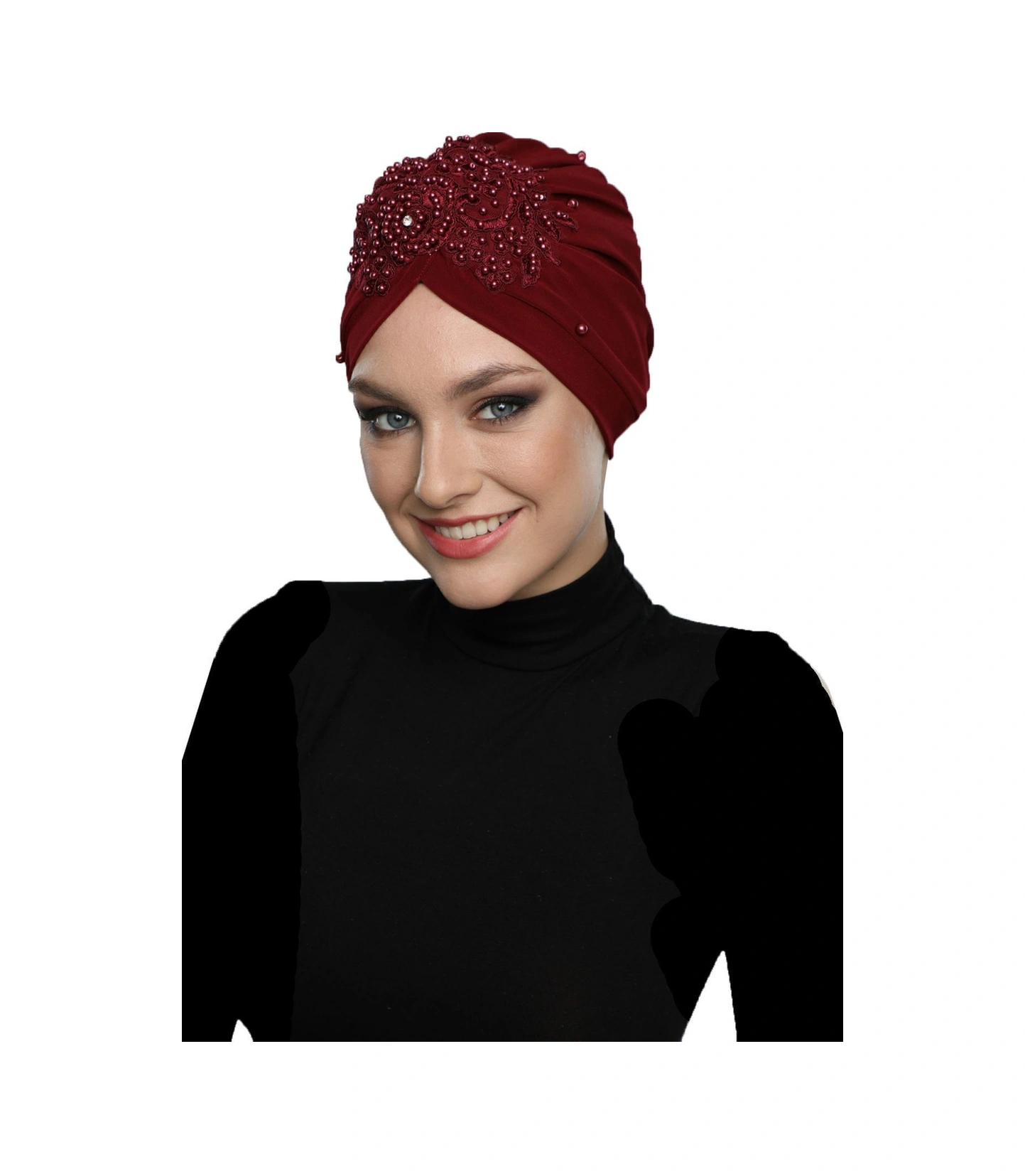 Kopma Astarlı İşlemeli Bordo Gül Dantel Motifli Hazır Türban Tesettür Abiye Bone Bordo Gül