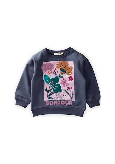 Cigit Çiçek Basdkılı Pullu Sweatshirt 1-6 Yaş Lacivert Lacivert