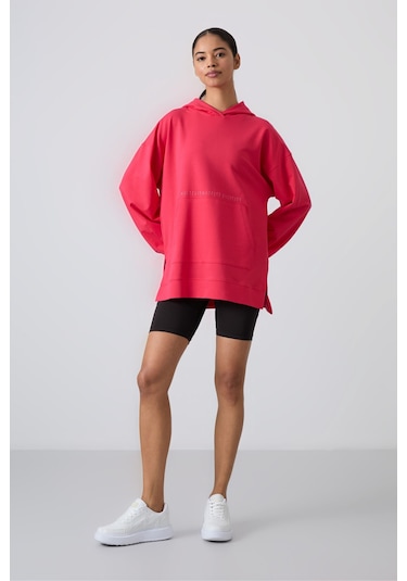 Tommy Life Viva Kırmızı Balon Kol Yazı Nakışlı Kadın Oversize Tunik Sweatshirt - 97163 Kırmızı