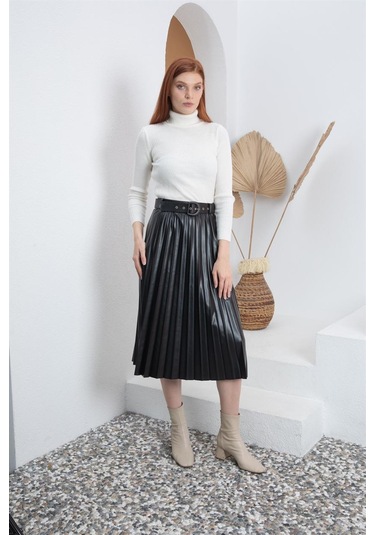 Kemerli Siyah Pliseli Deri Etek - Siyah