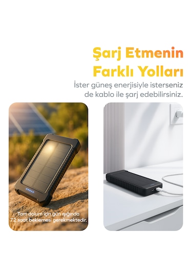 Woyax Güneş Enerjili Solar Powerbank 10000mah Led Işıklı Taşınabilir Batarya Şarj Cihazı Siyah Siyah