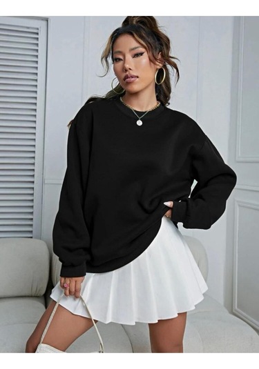 Unisex Bej Oversize Bisiklet Yaka Sweatshirt