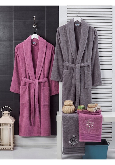 4 Parça Aile Bornoz Seti Kadın Erkek Havlulu Bornoz Takımı Mürdüm-antrasit