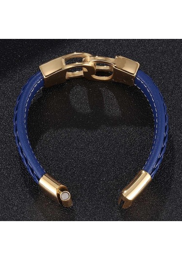 Punk Erkek Mavi Deri Bileklik Paslanmaz Çelik Charm Kelepçe Altın Rengi Moda Takı Bileklik Bb0743 Mavi