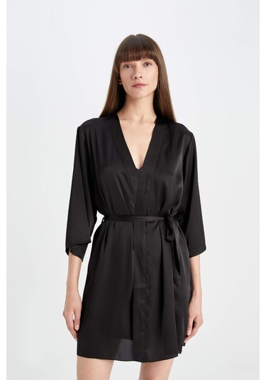 DeFacto Regular Fit Wrap Yaka Saten Yarım Kol Sabahlık-Fall in Love B8856AX24HSBK27 Siyah