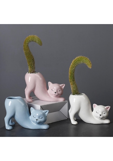 Suntek Magideal Karikatür Kedi Saksı Seramik Kapalı Açık Beyaz