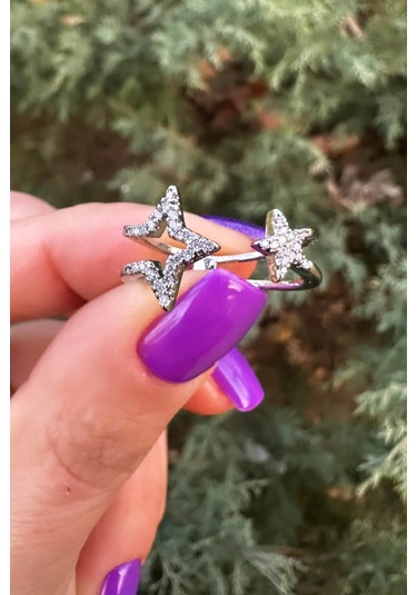 Çift Yıldız Ayarlanabilir Gümüş Renk Yüzük - Zirkontaşlı Silver