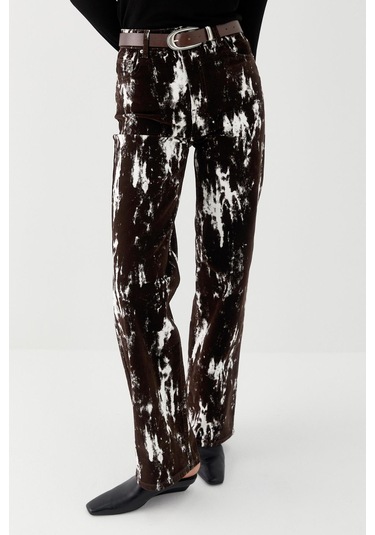 Wide Leg Desenli Denim Pantolon Kahverengi Kahverengi