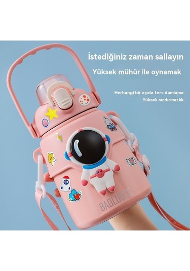 Skycity Uzaylı Desenli 850ml Termos Bardak, Pipetli Su Kâsesi, Yıldızlı Mavi Büyük Kupa + Sticker + 3d Yapıştırıcı MAvi