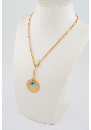 Kadın Özel Tasarım Nazar Boncuklu ve Yuvarlak Plakalı Kolye - ALTIN Gold