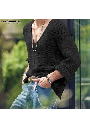 Açık Gri İncerun Bahar Erkek Uzun Kollu Salaş V Yaka Üstler Açık Gri