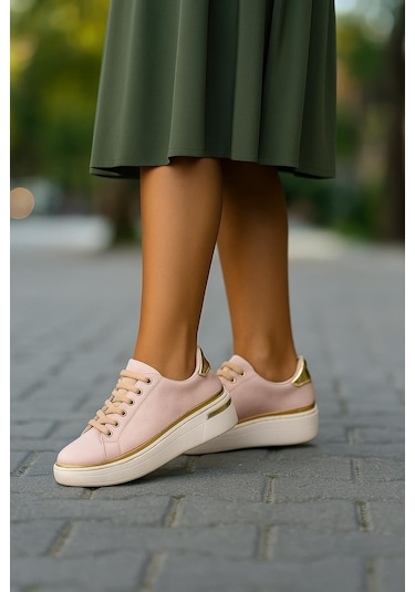 Kadın İnce Şerit Detaylı Kalın Taban Spor Ayakkabı Ten