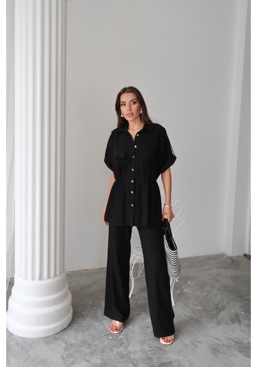 Keten Belden Büzgü Detaylı Gömlek - Pantolon Takım - Siyah Siyah