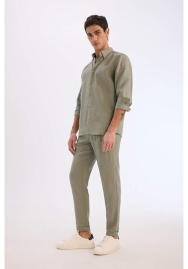 Defacto %100 Keten Normal Kesim Crop Duble Paça Yazlık Kumaş Pantolon C1826ax25smkh433 Haki