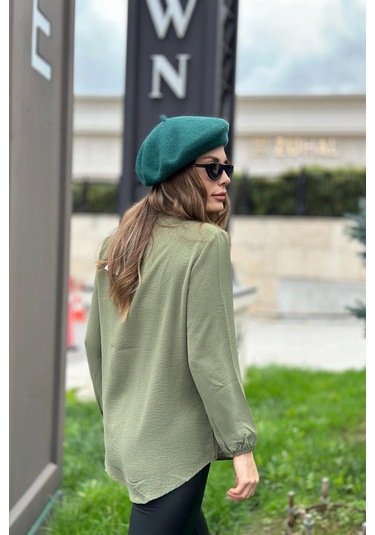 Kadın Haki Uzun Truvakar Kol, Öpücük Yaka, Basic Kesim Bluz - Tesettüre Uygun Haki