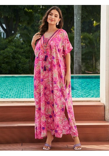 Edolynsa Artı Boyutu Kaftan Pembe Bohemian Baskılı Yaz Uzun Plaj Elbise Kadın Gecelik Kıyafet Mayo Cover Up Gevşek Kaftan Pembe Edolynsa Artı Boyutu Kaftan Pembe Bohemian Baskılı Yaz Uzun Plaj Elbise Kadın Gecelik Kıyafet Mayo Cover Up Gevşek Kaftan Pembe