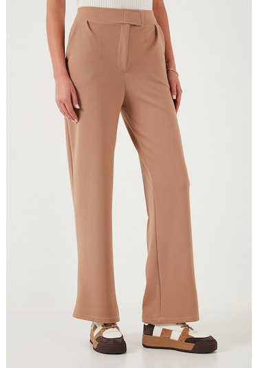 Lela Regular Fit Yüksek Bel Bol Paça Bayan Pantolon 5861279 Taba
