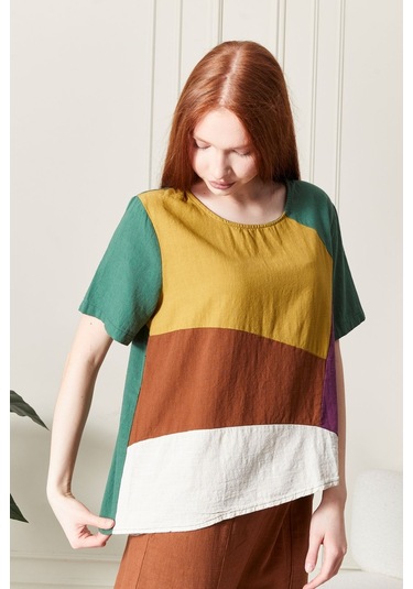 Keten Gökkuşağı Asimetrik Kesim Bluz Renkli Ve Şık Tasarım Turkuaz