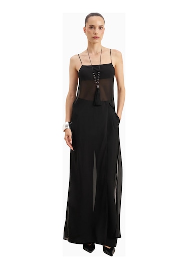 Because Of Alice Kadın Şeffaf Şifon Uzun Askılı Camisole Bluz Siyah