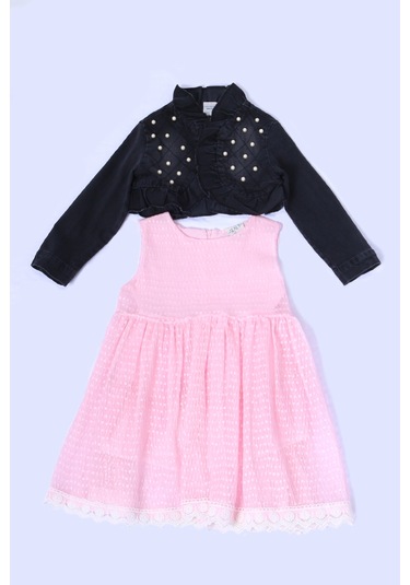 Kız Çocuk Kot Ceketli Elbise Fırfırlı Dantelli Taş İşlemeli F19 Pembe