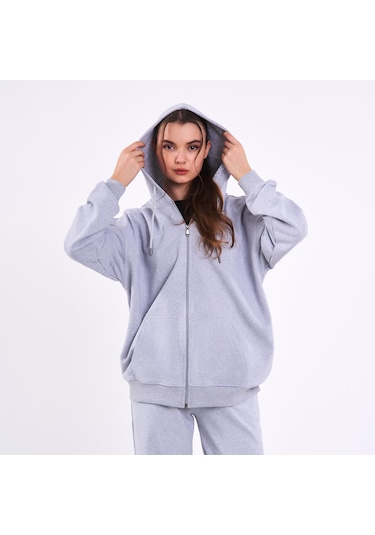 MMetalic Gri Kanguru Cepli Kapüşonlu Fermuarlı Oversize Kadın Sweatshirt Gri
