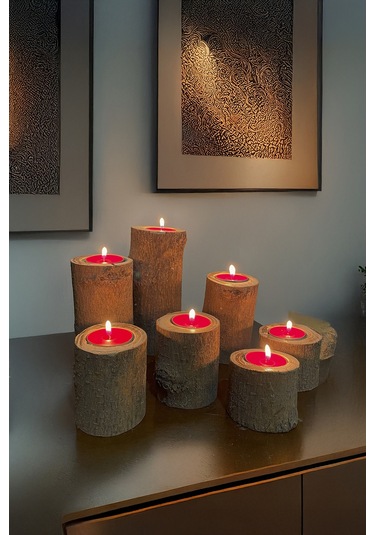 7'li Tealight Mumluk Seti, Doğal Kütük, El Yapımı Ahşap, Rustik Modern Dekor Bohem & İskandinav Tarz Ahşap Rengi