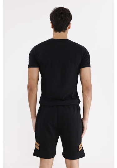Rowinger Çift Şerit Bant Detaylı Bağcıklı Yan Cepli Süper Koton Rahat Kalıp Şort Black