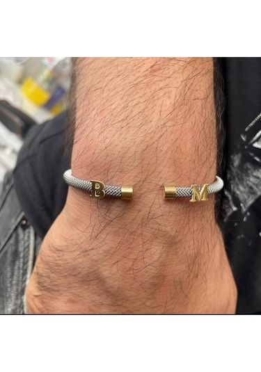 Simurg Jewellery 14 Ayar Altın Harfli Beyaz Çelik Bileklik Sarı - Beyaz