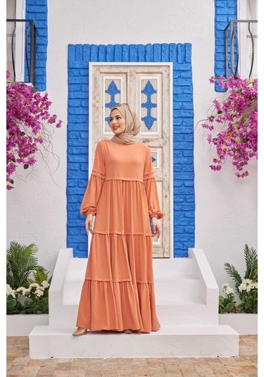 6510-linda Büzgülü Elbise Somon Somon
