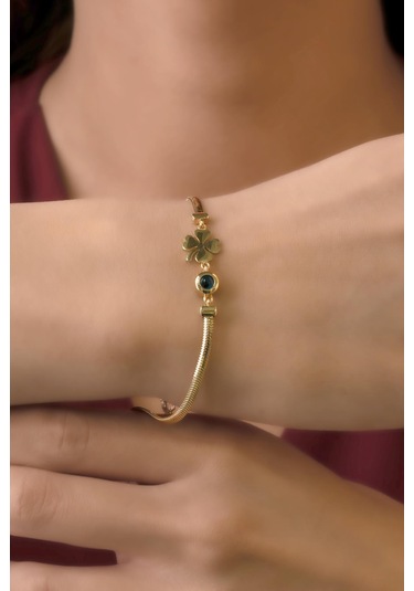 Fiyonk Kuyumculuk 14 Ayar Altın Şans Yoncası Ve Göz Detaylı İtalyan Balıksırtı Bileklik Blk8073 Beyaz Altın