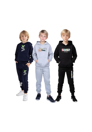 Fyk Kids Kapüşonlu Baskı Detaylı Erkek Çocuk Eşofman Takımı 3'lü - Çok Renkli
