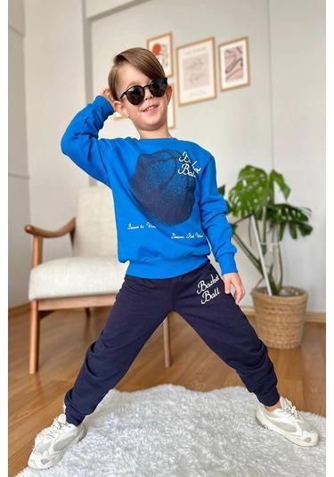 Basketball Yazı Desenli Mavi Renk Erkek Çocuk Eşofman Takımı Mavi