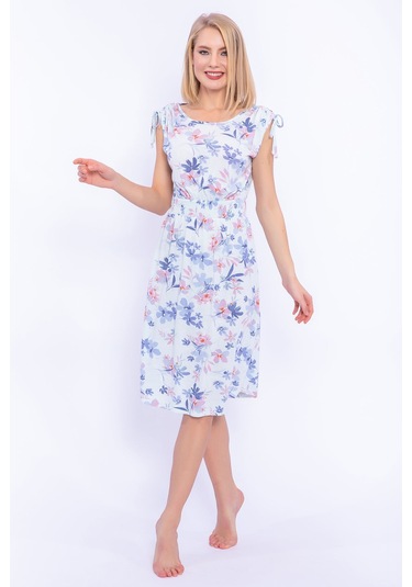 Çiçek Desenli Kadın Gecelik-nil Mavisi Nil Mavisi