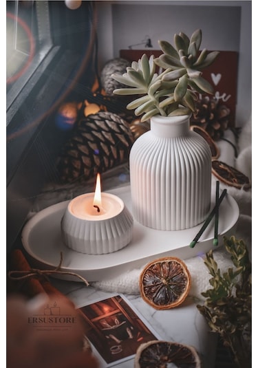 Beyaz Renk 3 Parça Tealight Vazo Tepsi Seti 001