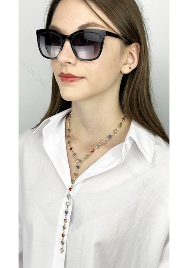 Y Kolye, Taşlı, Çok Renkli, Kalpli, Kolye 432, Kasa Altın Renk altın